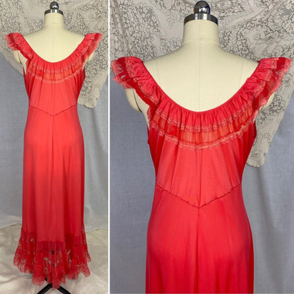 Vintage 1960's Peignoir Set | Scarlet Red Nylon with Tulle Ruffles | Size M, LG | Evette - Daggers & Dames