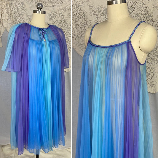 Vintage 1960's Peignoir Set | Sheer Blue & Purple Crystal Pleated Nylon Chiffon with Braided Satin | Size S, M | Chevette - Daggers & Dames