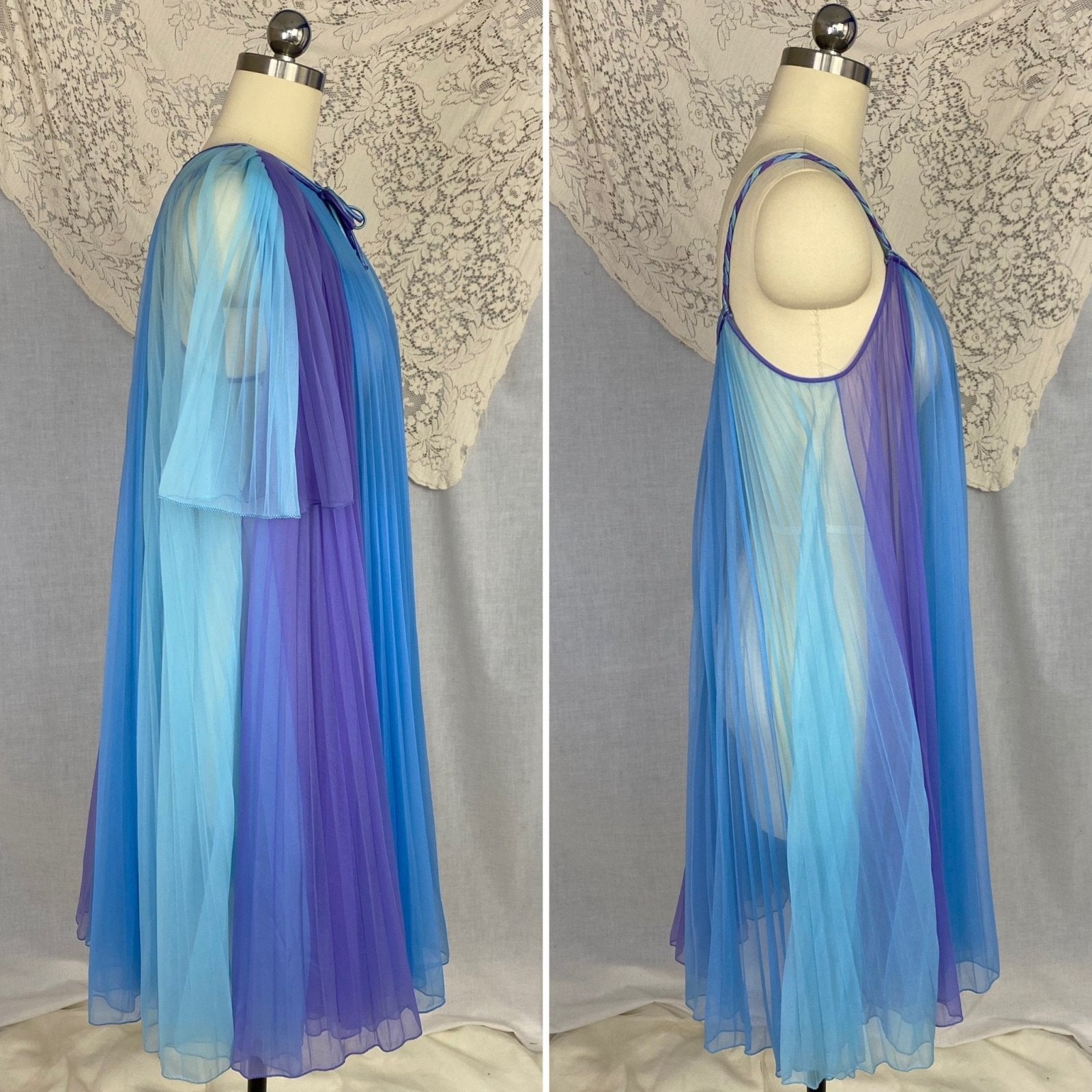 Vintage 1960's Peignoir Set | Sheer Blue & Purple Crystal Pleated Nylon Chiffon with Braided Satin | Size S, M | Chevette - Daggers & Dames