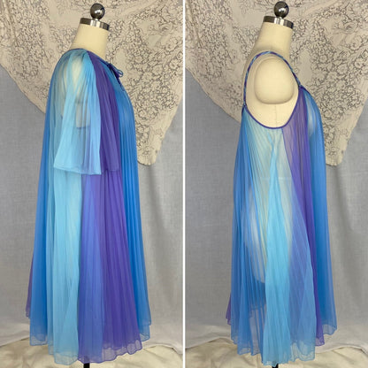Vintage 1960's Peignoir Set | Sheer Blue & Purple Crystal Pleated Nylon Chiffon with Braided Satin | Size S, M | Chevette - Daggers & Dames
