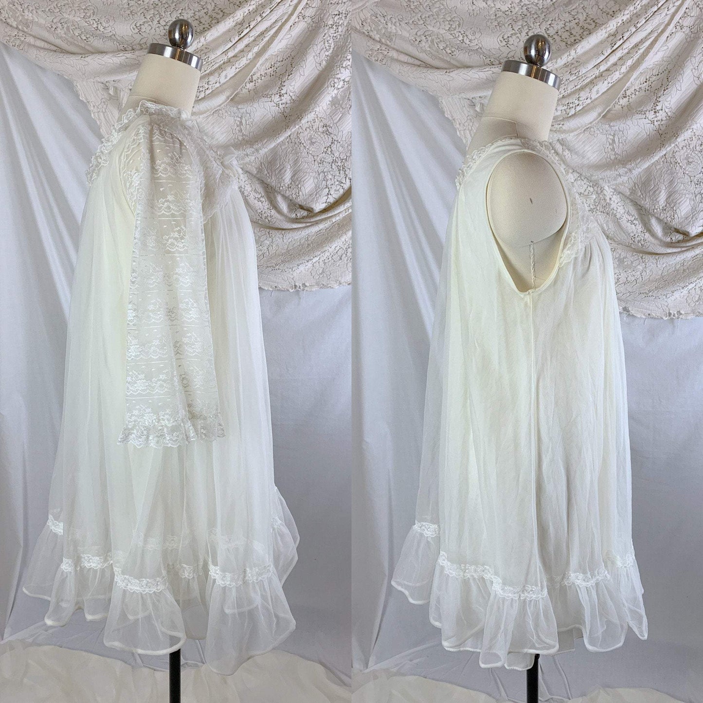 Vintage 1960's Peignoir Set | Sheer Creamy White Nylon Chiffon with Lace | Miss Elaine | Size M - Daggers & Dames