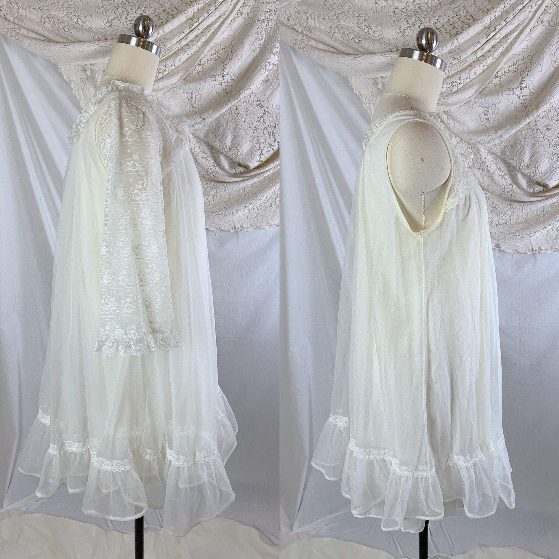 Vintage 1960's Peignoir Set | Sheer Creamy White Nylon Chiffon with Lace | Miss Elaine | Size M - Daggers & Dames