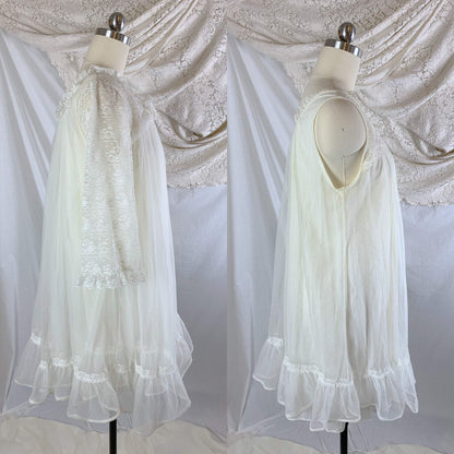 Vintage 1960's Peignoir Set | Sheer Creamy White Nylon Chiffon with Lace | Miss Elaine | Size M - Daggers & Dames