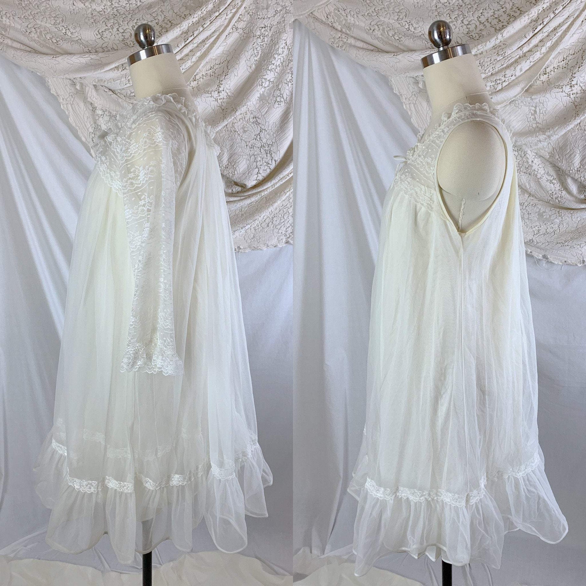Vintage 1960's Peignoir Set | Sheer Creamy White Nylon Chiffon with Lace | Miss Elaine | Size M - Daggers & Dames