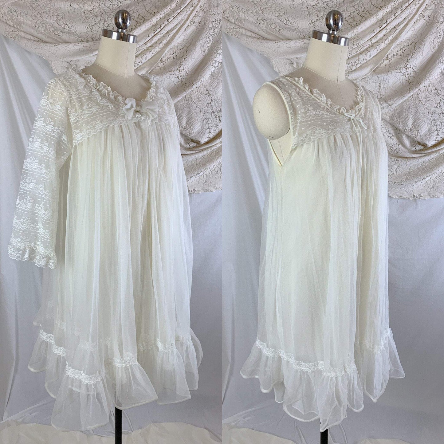 Vintage 1960's Peignoir Set | Sheer Creamy White Nylon Chiffon with Lace | Miss Elaine | Size M - Daggers & Dames