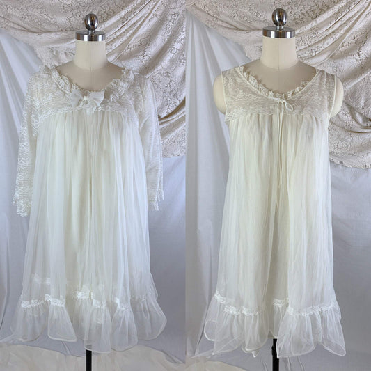 Vintage 1960's Peignoir Set | Sheer Creamy White Nylon Chiffon with Lace | Miss Elaine | Size M - Daggers & Dames