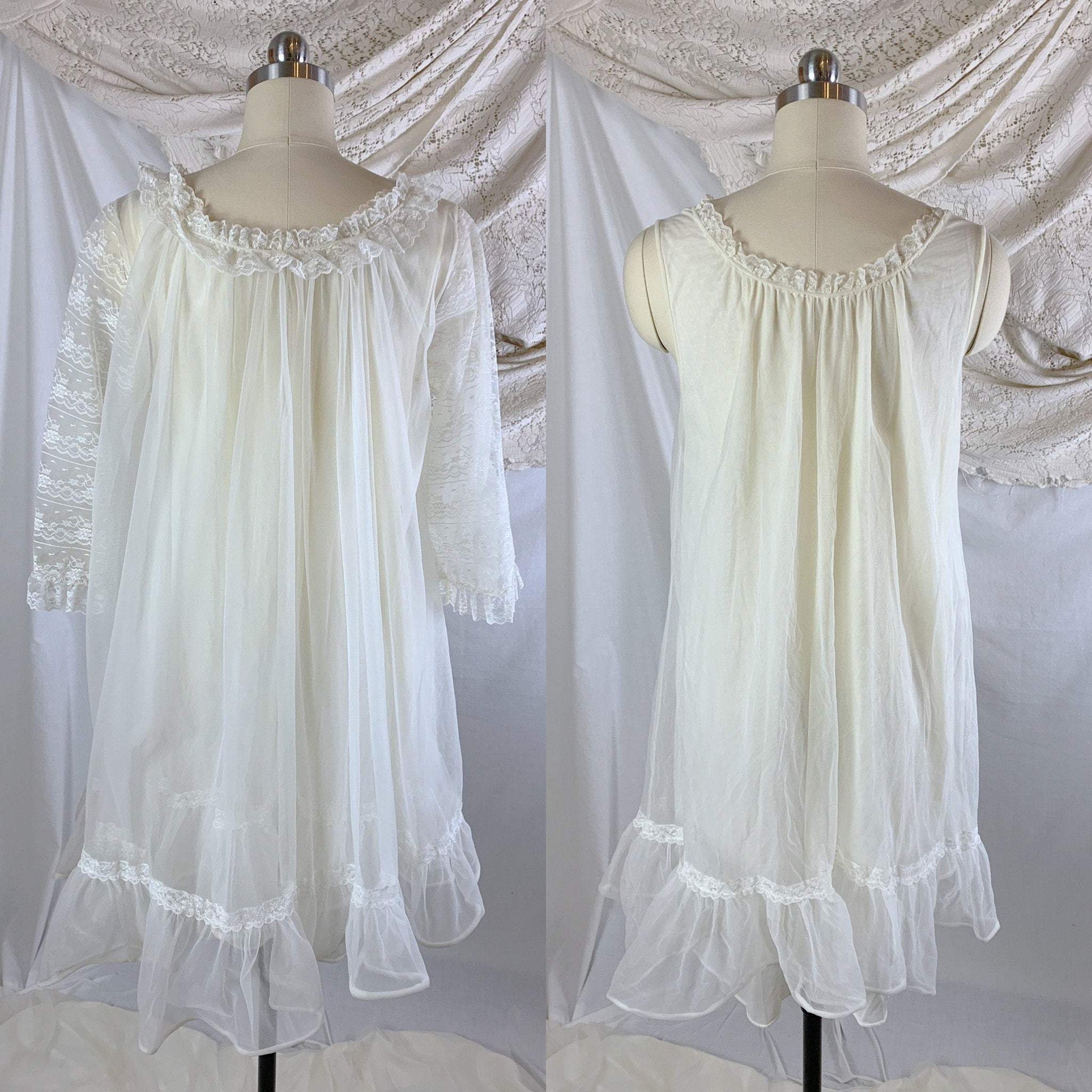 Vintage 1960's Peignoir Set | Sheer Creamy White Nylon Chiffon with Lace | Miss Elaine | Size M - Daggers & Dames