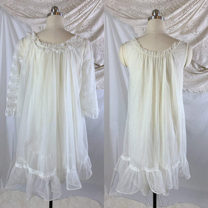 Vintage 1960's Peignoir Set | Sheer Creamy White Nylon Chiffon with Lace | Miss Elaine | Size M - Daggers & Dames