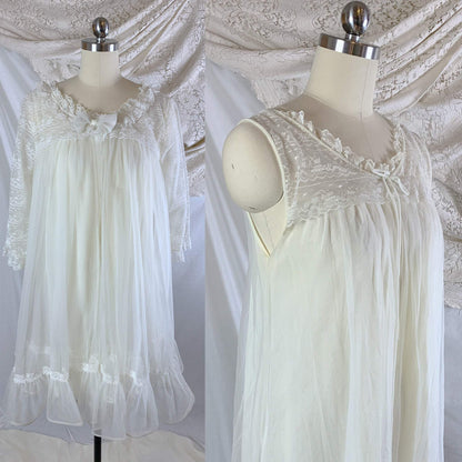 Vintage 1960's Peignoir Set | Sheer Creamy White Nylon Chiffon with Lace | Miss Elaine | Size M - Daggers & Dames