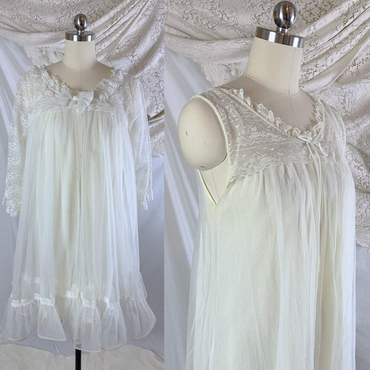 Vintage 1960's Peignoir Set | Sheer Creamy White Nylon Chiffon with Lace | Miss Elaine | Size M - Daggers & Dames