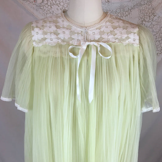 Vintage 1960's Peignoir Set | Sheer Light Chartreuse Green Pleated Nylon Chiffon with Floral Lace | Miss Elaine | Size S - Daggers & Dames