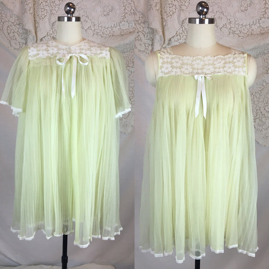 Vintage 1960's Peignoir Set | Sheer Light Chartreuse Green Pleated Nylon Chiffon with Floral Lace | Miss Elaine | Size S - Daggers & Dames