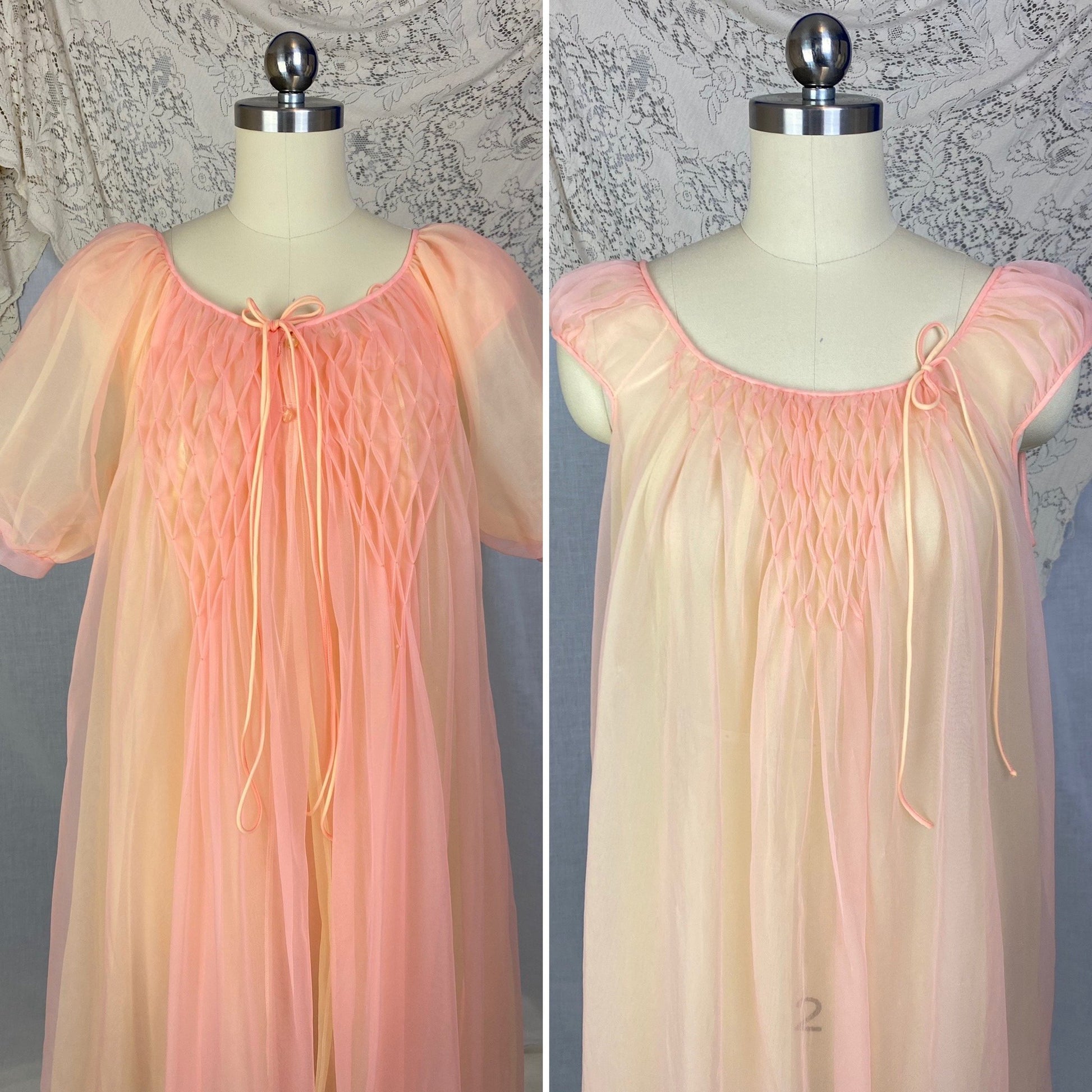 Vintage 1960's Peignoir Set | Tangerine & Yellow Nylon Chiffon with Honeycomb Smocking | Size M, LG | Miss Elaine - Daggers & Dames
