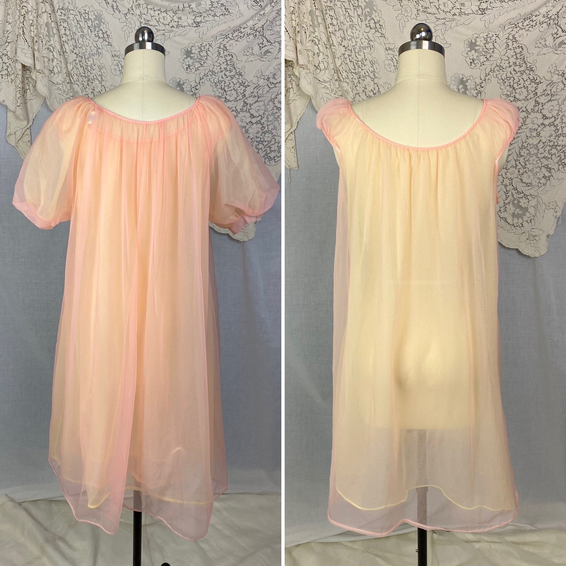 Vintage 1960's Peignoir Set | Tangerine & Yellow Nylon Chiffon with Honeycomb Smocking | Size M, LG | Miss Elaine - Daggers & Dames