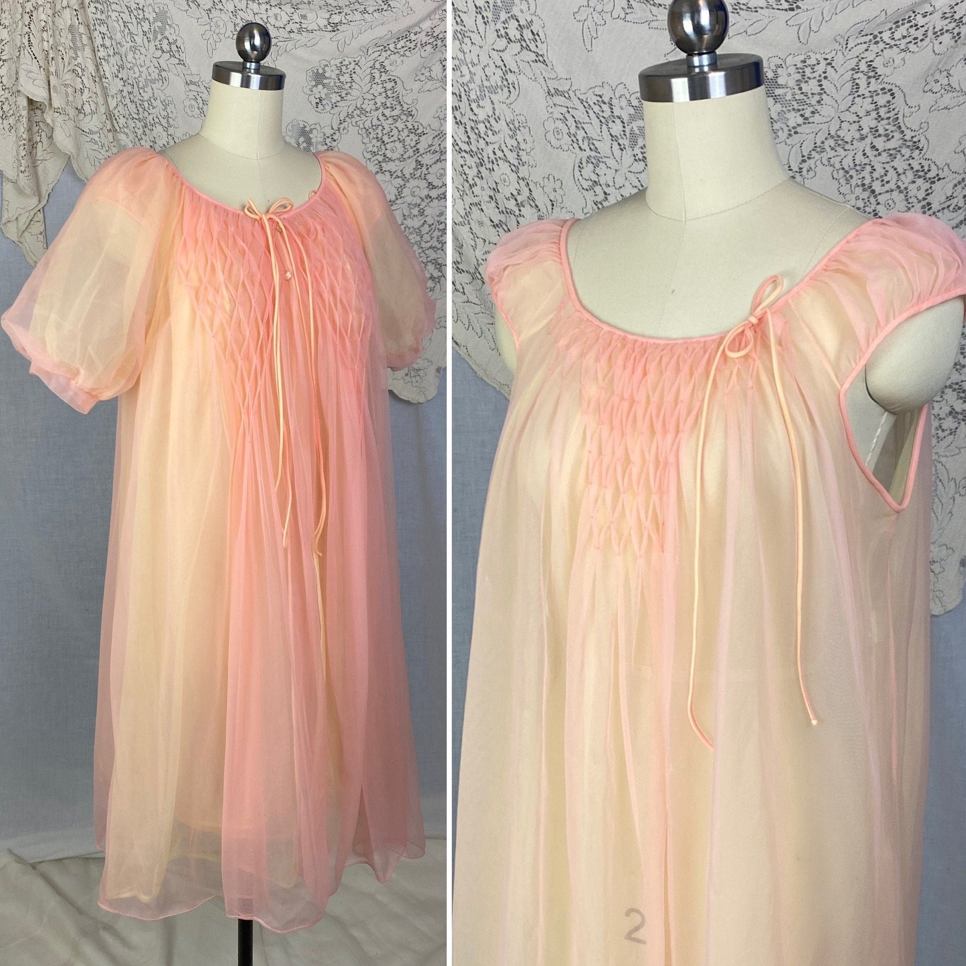 Vintage 1960's Peignoir Set | Tangerine & Yellow Nylon Chiffon with Honeycomb Smocking | Size M, LG | Miss Elaine - Daggers & Dames