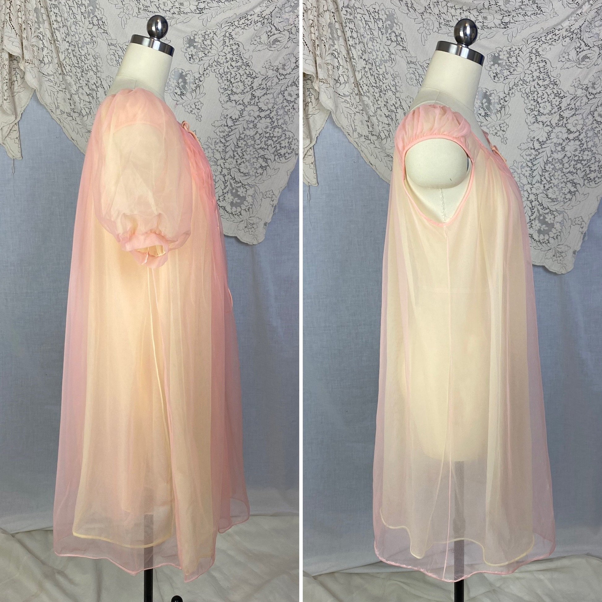 Vintage 1960's Peignoir Set | Tangerine & Yellow Nylon Chiffon with Honeycomb Smocking | Size M, LG | Miss Elaine - Daggers & Dames