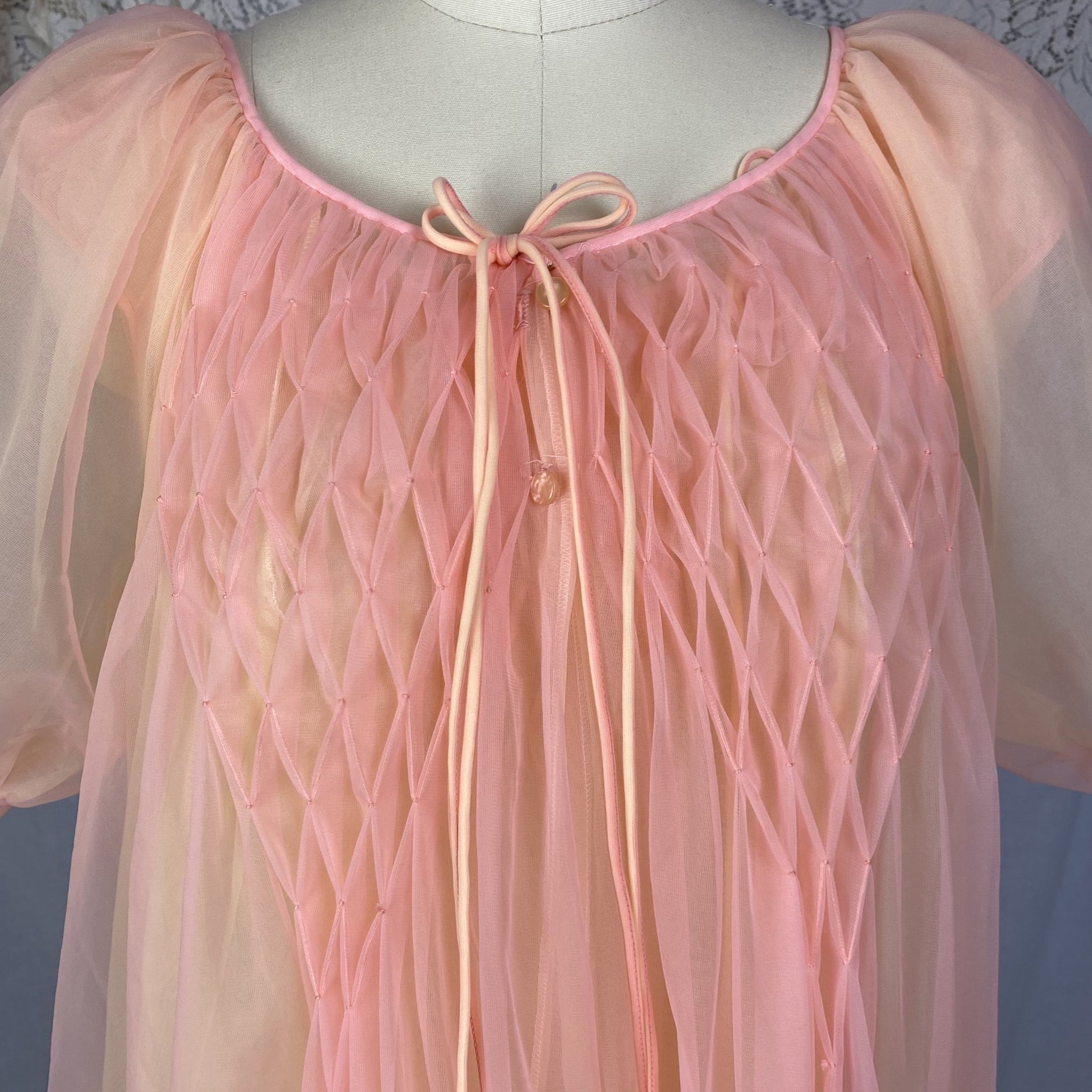 Vintage 1960's Peignoir Set | Tangerine & Yellow Nylon Chiffon with Honeycomb Smocking | Size M, LG | Miss Elaine - Daggers & Dames