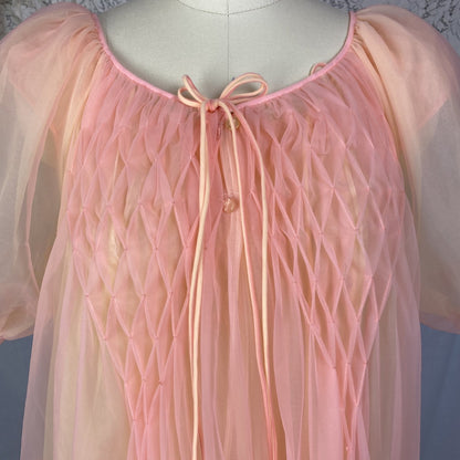 Vintage 1960's Peignoir Set | Tangerine & Yellow Nylon Chiffon with Honeycomb Smocking | Size M, LG | Miss Elaine - Daggers & Dames