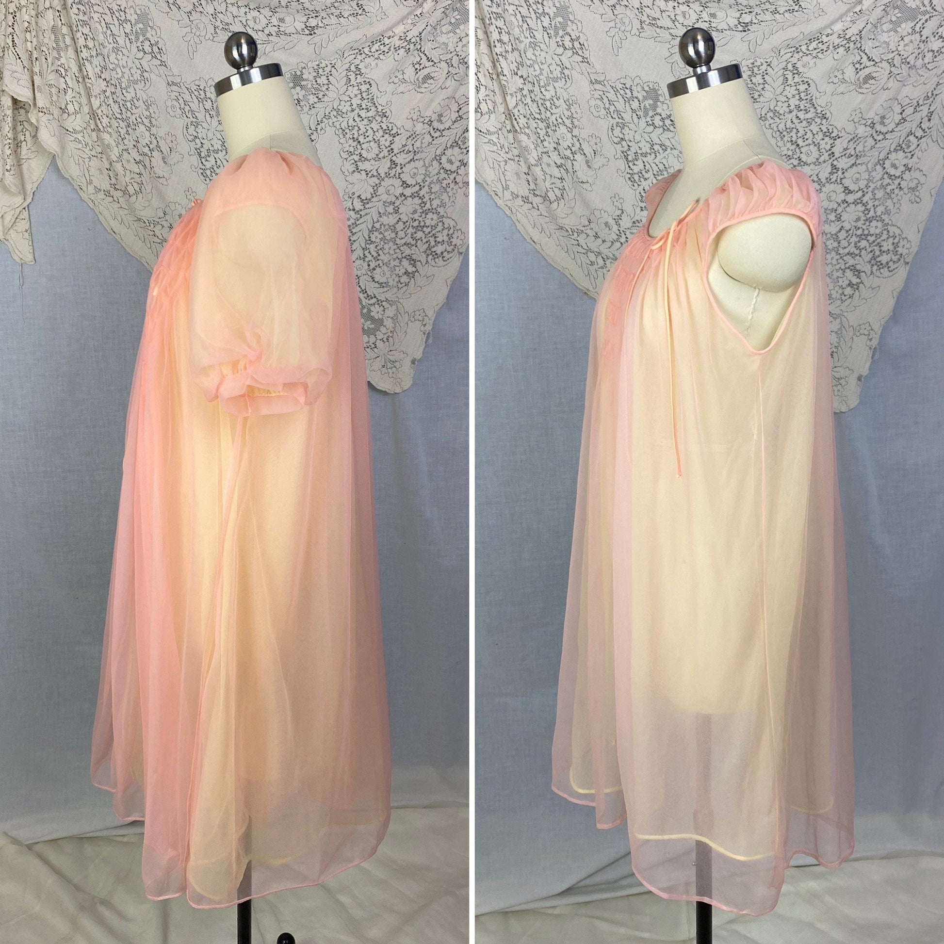 Vintage 1960's Peignoir Set | Tangerine & Yellow Nylon Chiffon with Honeycomb Smocking | Size M, LG | Miss Elaine - Daggers & Dames