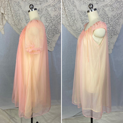 Vintage 1960's Peignoir Set | Tangerine & Yellow Nylon Chiffon with Honeycomb Smocking | Size M, LG | Miss Elaine - Daggers & Dames