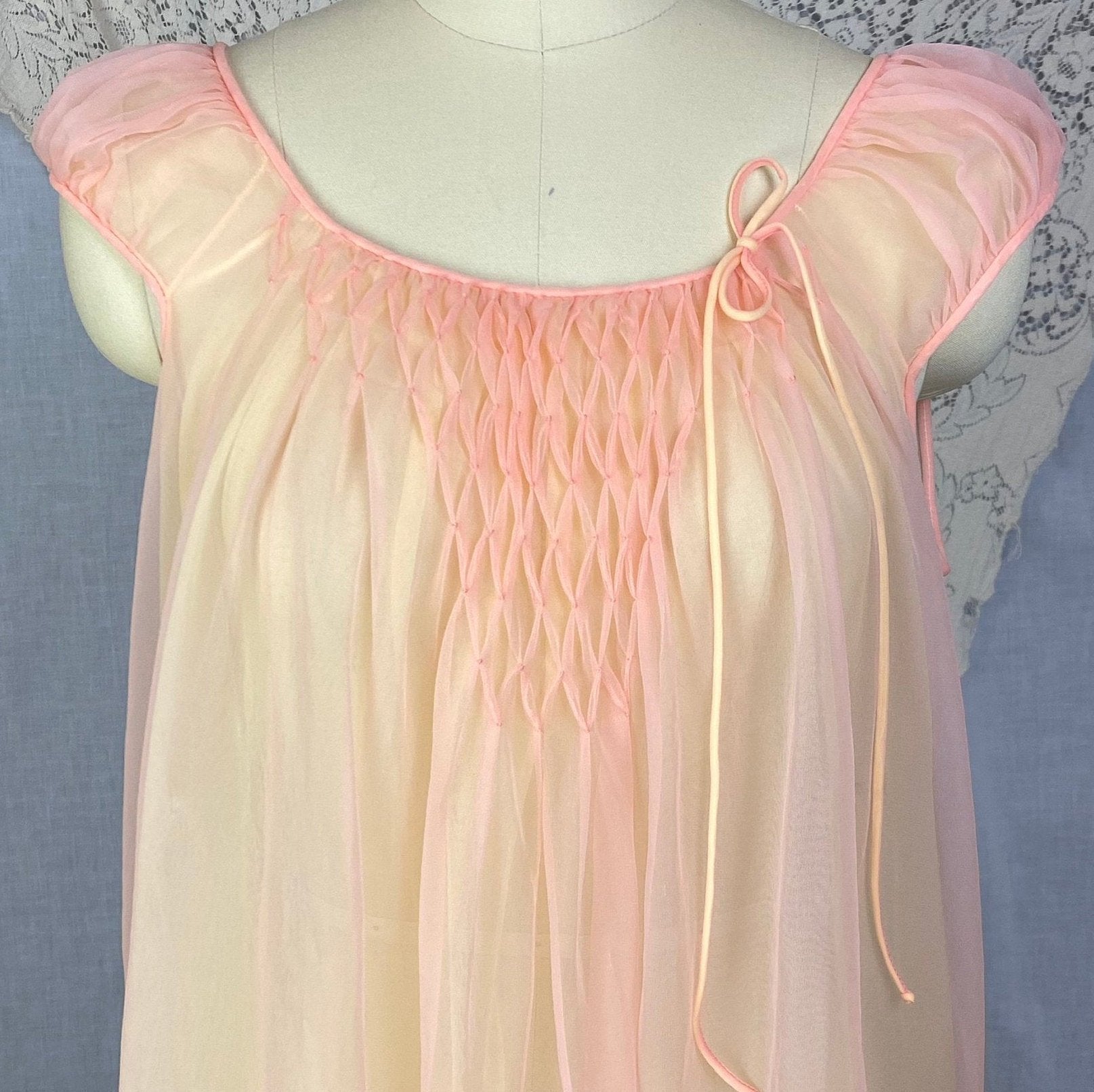 Vintage 1960's Peignoir Set | Tangerine & Yellow Nylon Chiffon with Honeycomb Smocking | Size M, LG | Miss Elaine - Daggers & Dames