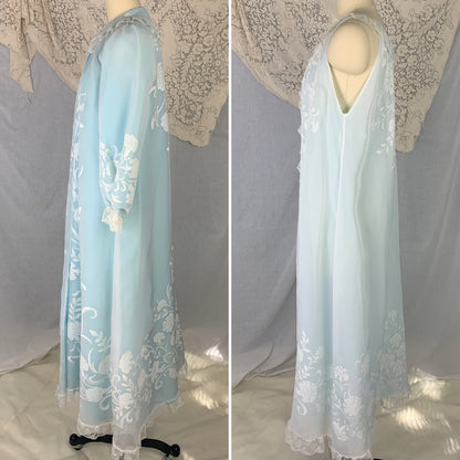 Vintage 1960's Peignoir Set | Turquoise Blue Nylon & White Floral Print Chiffon with Lace Ruffles | Size L | Odette Barsa - Daggers & Dames