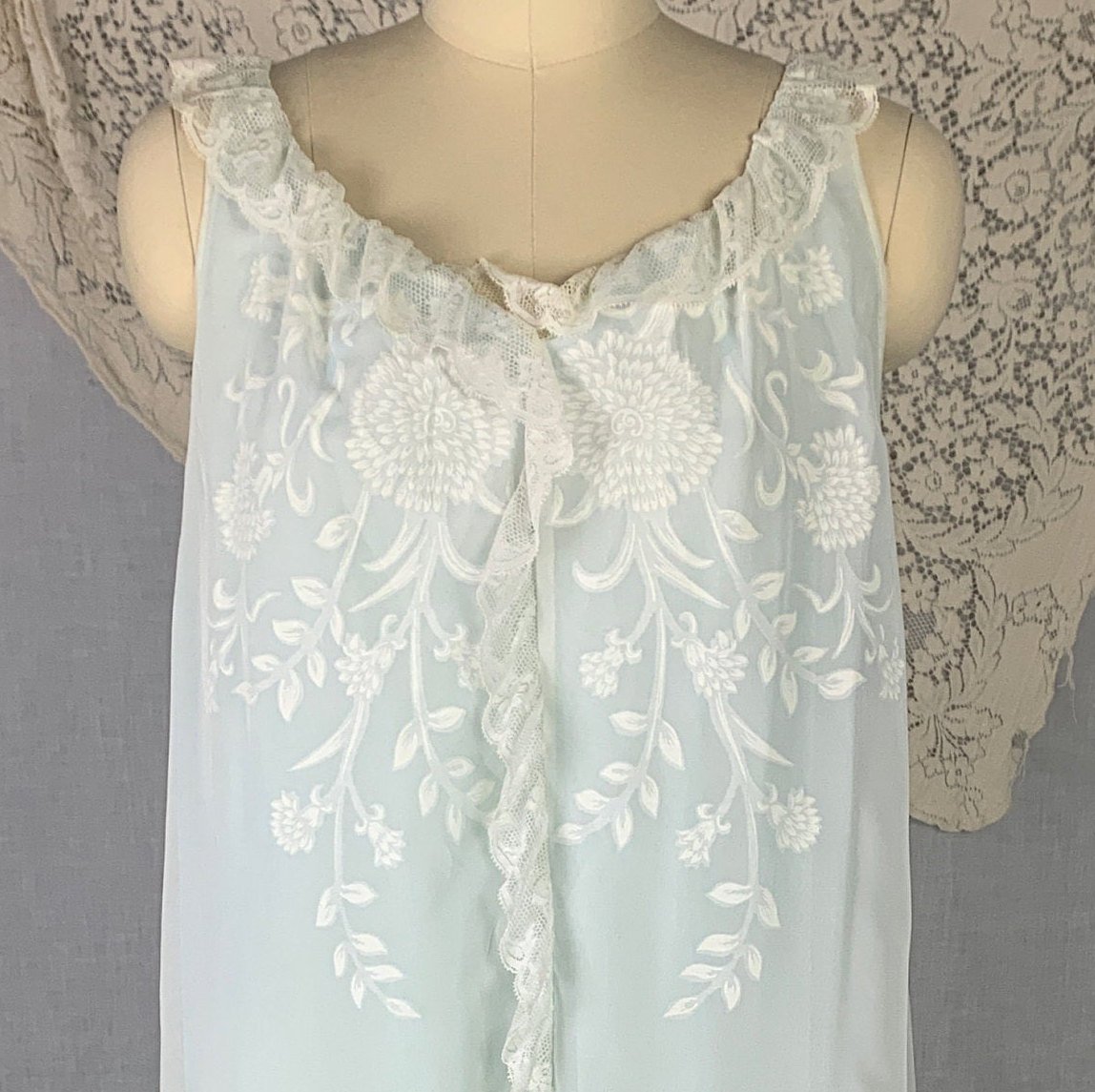 Vintage 1960's Peignoir Set | Turquoise Blue Nylon & White Floral Print Chiffon with Lace Ruffles | Size L | Odette Barsa - Daggers & Dames