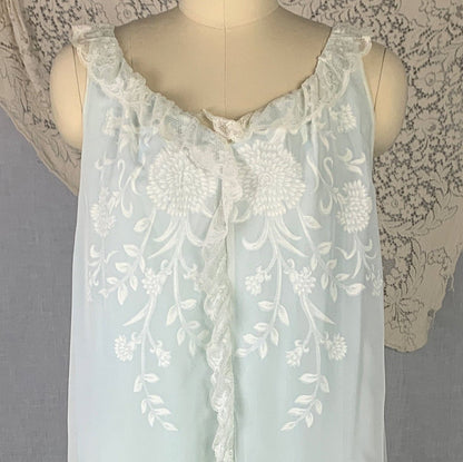 Vintage 1960's Peignoir Set | Turquoise Blue Nylon & White Floral Print Chiffon with Lace Ruffles | Size L | Odette Barsa - Daggers & Dames