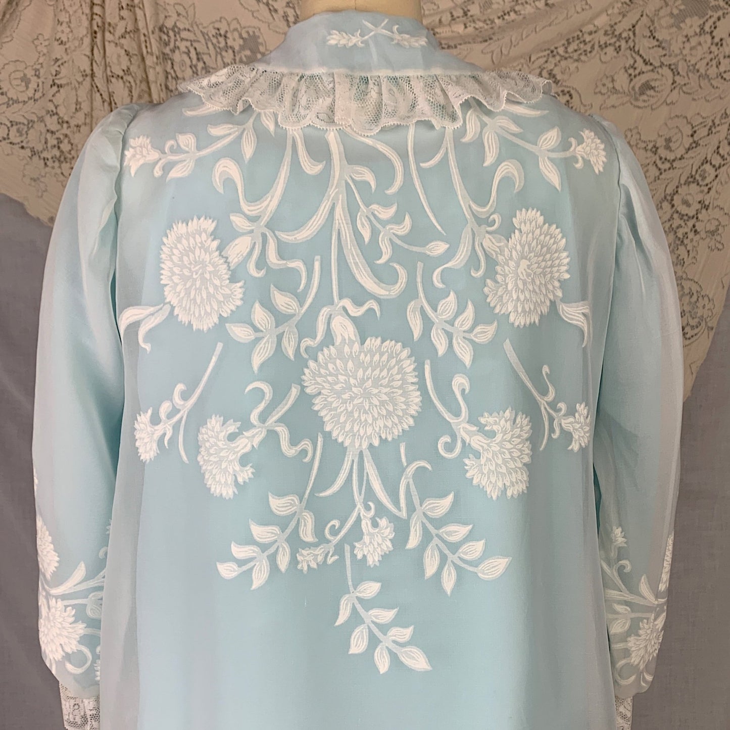 Vintage 1960's Peignoir Set | Turquoise Blue Nylon & White Floral Print Chiffon with Lace Ruffles | Size L | Odette Barsa - Daggers & Dames