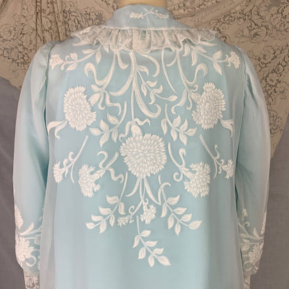 Vintage 1960's Peignoir Set | Turquoise Blue Nylon & White Floral Print Chiffon with Lace Ruffles | Size L | Odette Barsa - Daggers & Dames