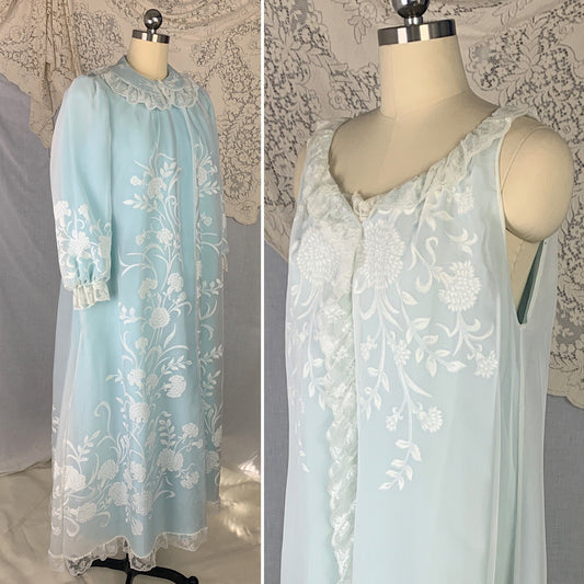 Vintage 1960's Peignoir Set | Turquoise Blue Nylon & White Floral Print Chiffon with Lace Ruffles | Size L | Odette Barsa - Daggers & Dames