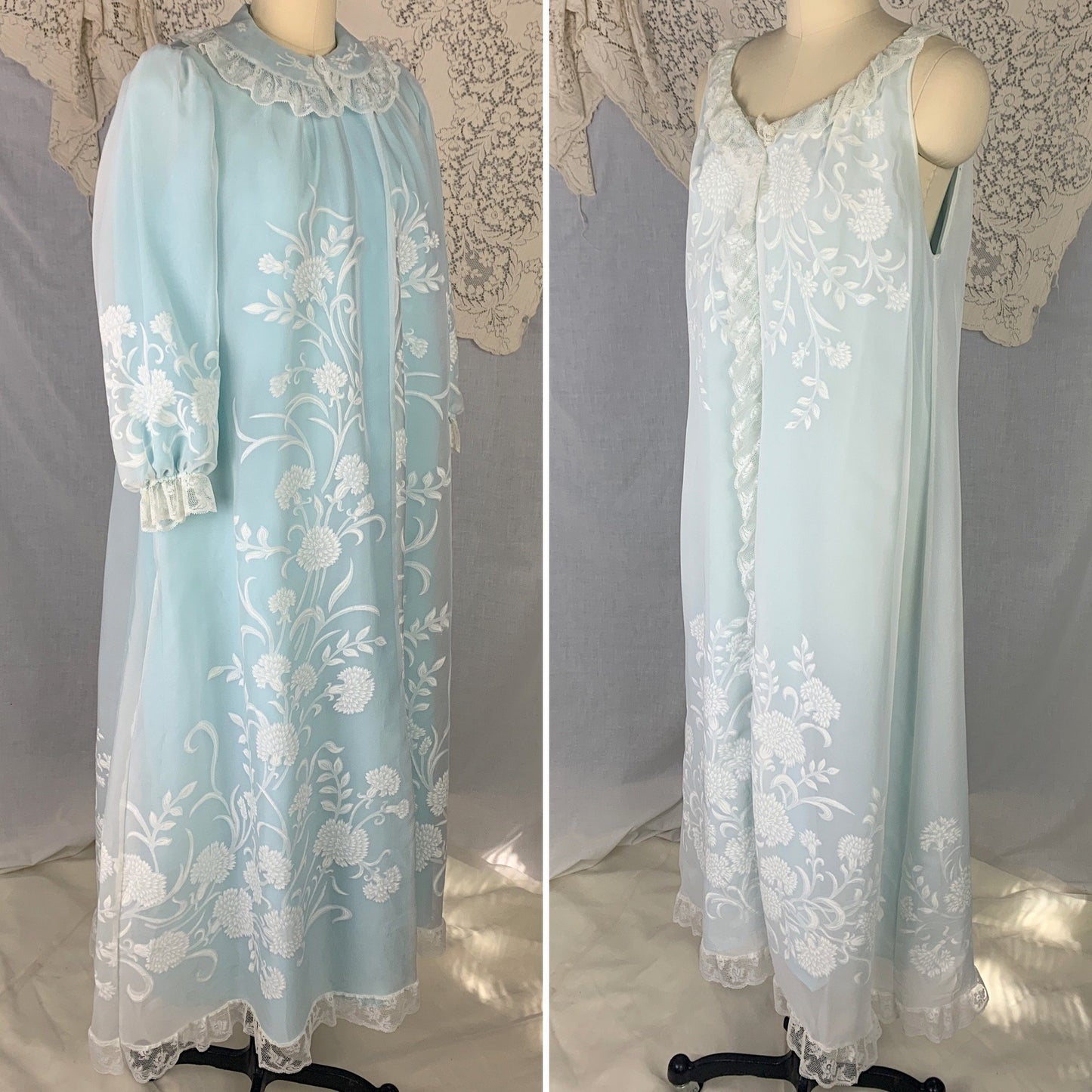 Vintage 1960's Peignoir Set | Turquoise Blue Nylon & White Floral Print Chiffon with Lace Ruffles | Size L | Odette Barsa - Daggers & Dames