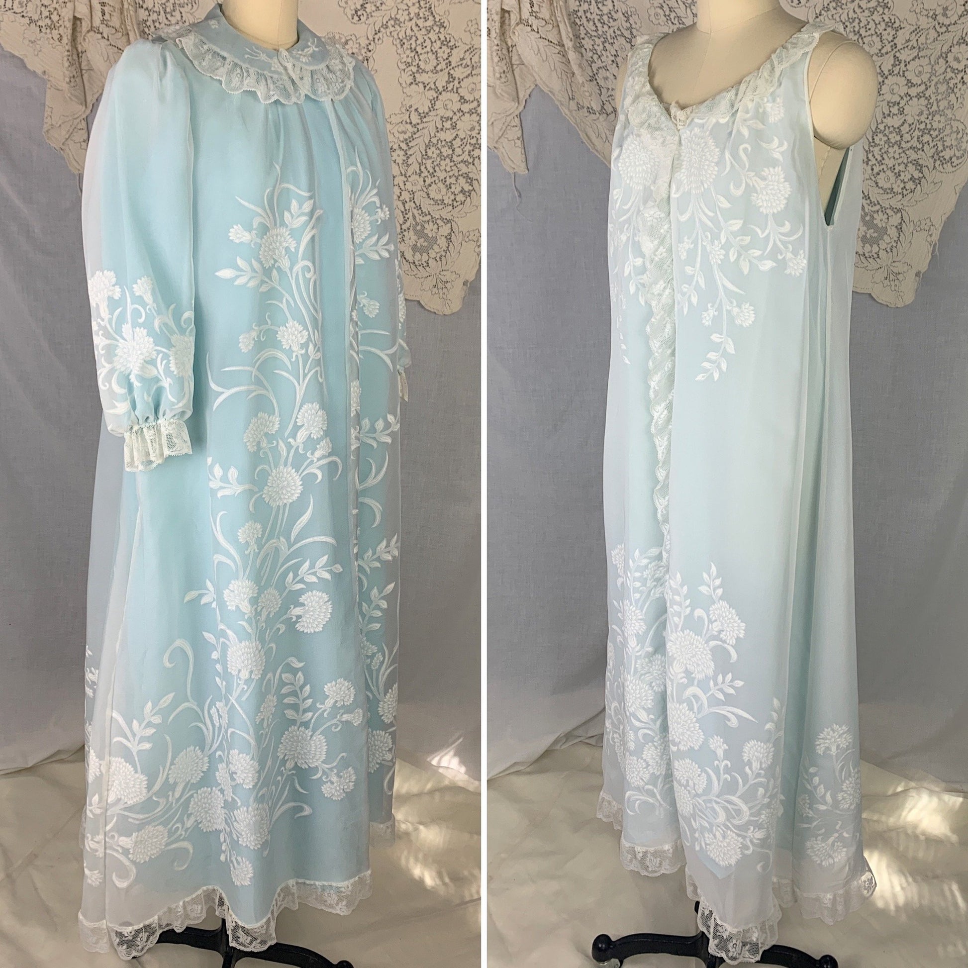 Vintage 1960's Peignoir Set | Turquoise Blue Nylon & White Floral Print Chiffon with Lace Ruffles | Size L | Odette Barsa - Daggers & Dames