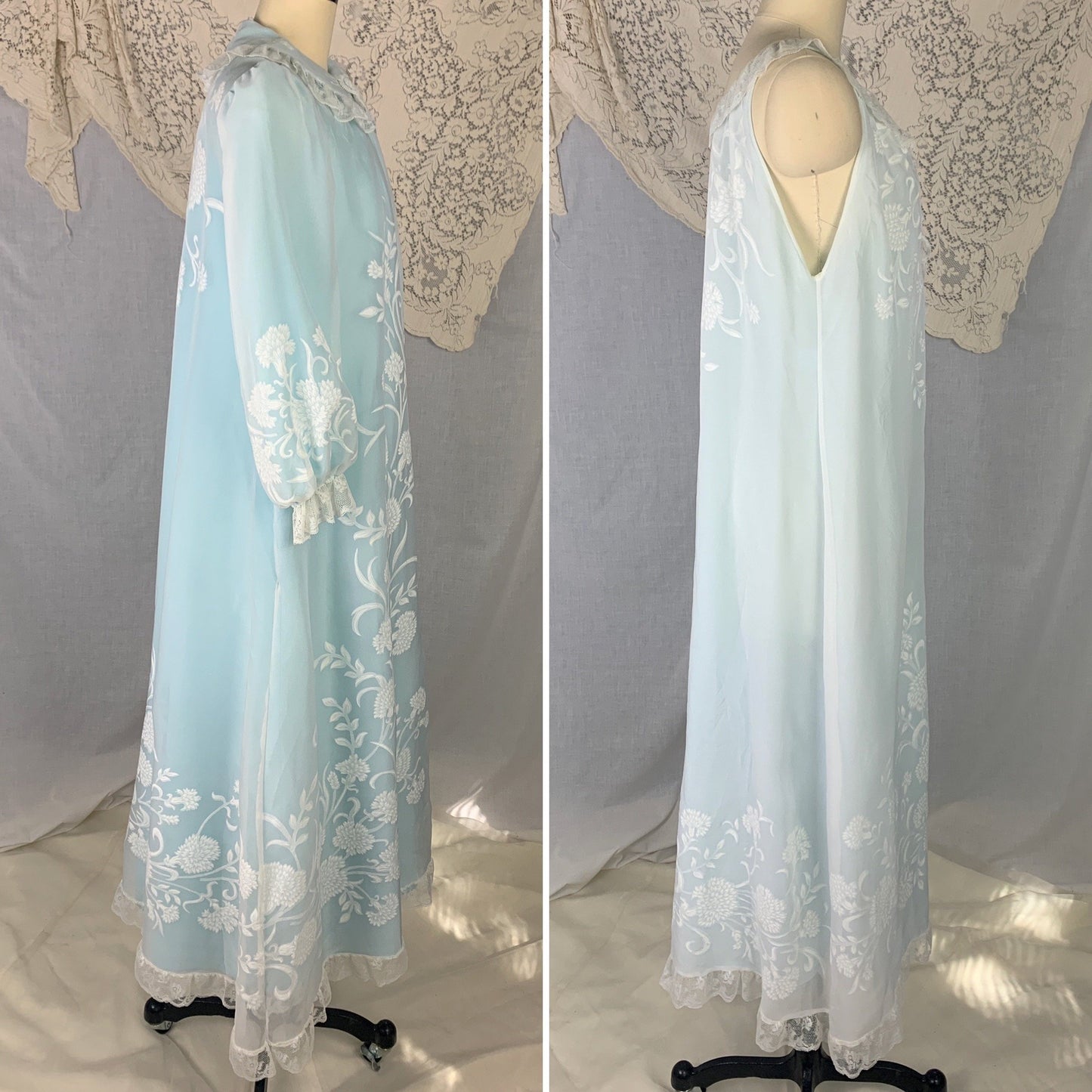 Vintage 1960's Peignoir Set | Turquoise Blue Nylon & White Floral Print Chiffon with Lace Ruffles | Size L | Odette Barsa - Daggers & Dames