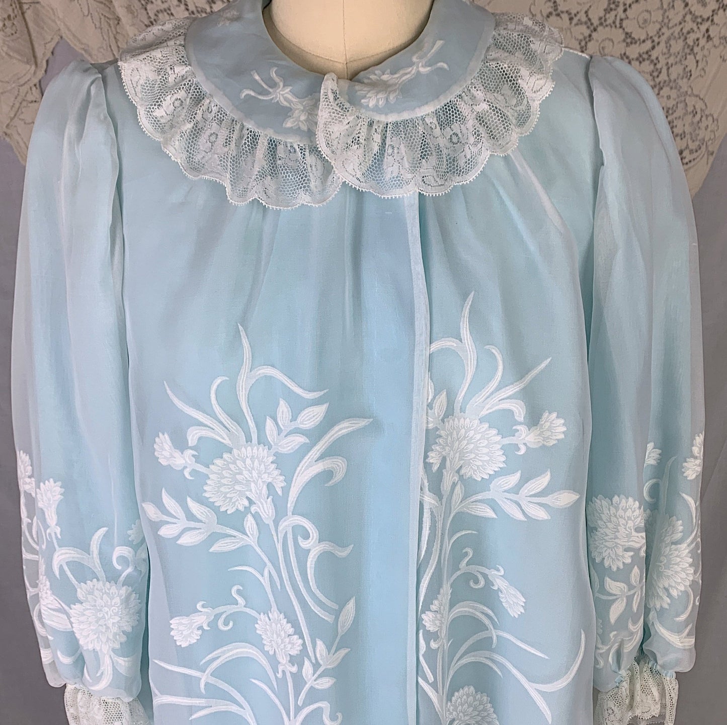 Vintage 1960's Peignoir Set | Turquoise Blue Nylon & White Floral Print Chiffon with Lace Ruffles | Size L | Odette Barsa - Daggers & Dames