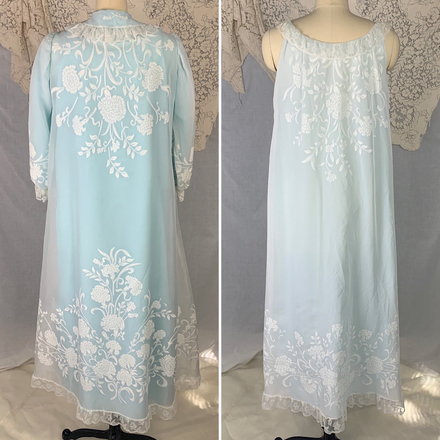 Vintage 1960's Peignoir Set | Turquoise Blue Nylon & White Floral Print Chiffon with Lace Ruffles | Size L | Odette Barsa - Daggers & Dames