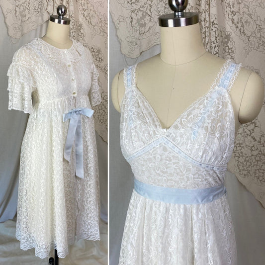 Vintage 1960's Peignoir Set | White Floral Lace with Ruffles & Pale Blue Satin | Size XS | Aristocraft - Daggers & Dames