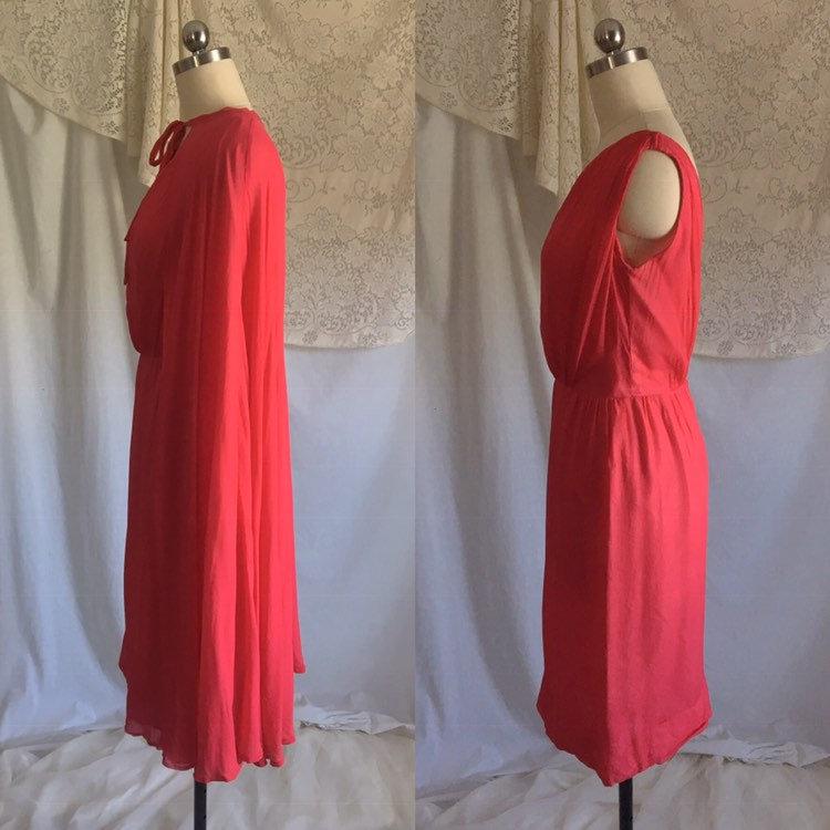Vintage 1960's Pencil Dress with Cape Set | Scarlet Red & Light Pink Silk Chiffon | Bloomfield's | Size XS - Daggers & Dames