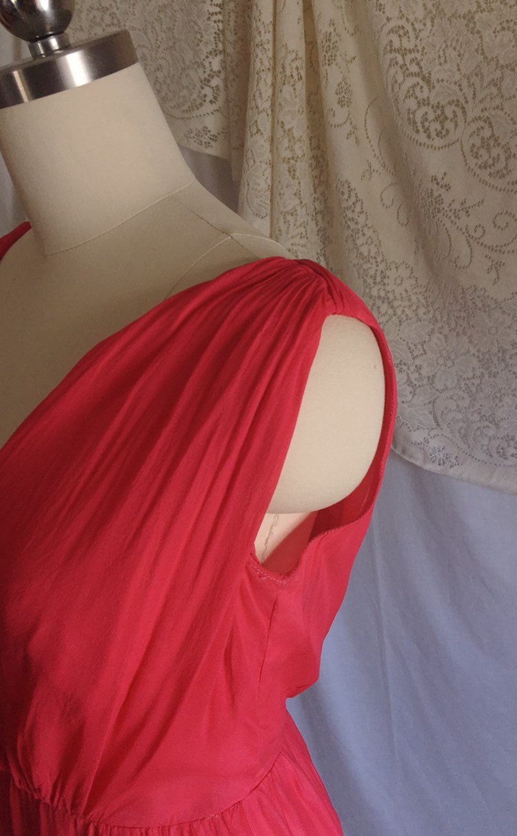 Vintage 1960's Pencil Dress with Cape Set | Scarlet Red & Light Pink Silk Chiffon | Bloomfield's | Size XS - Daggers & Dames