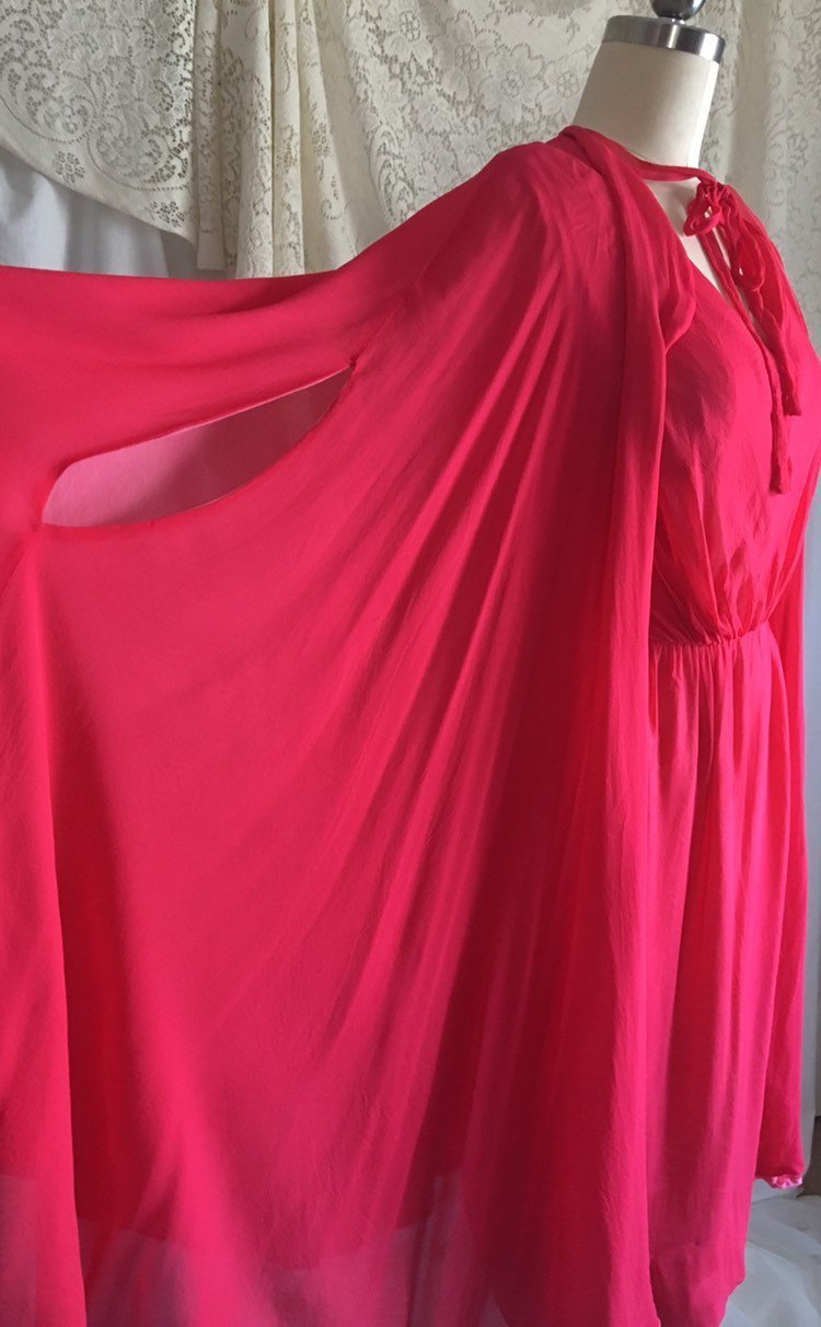 Vintage 1960's Pencil Dress with Cape Set | Scarlet Red & Light Pink Silk Chiffon | Bloomfield's | Size XS - Daggers & Dames