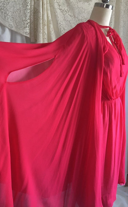 Vintage 1960's Pencil Dress with Cape Set | Scarlet Red & Light Pink Silk Chiffon | Bloomfield's | Size XS - Daggers & Dames