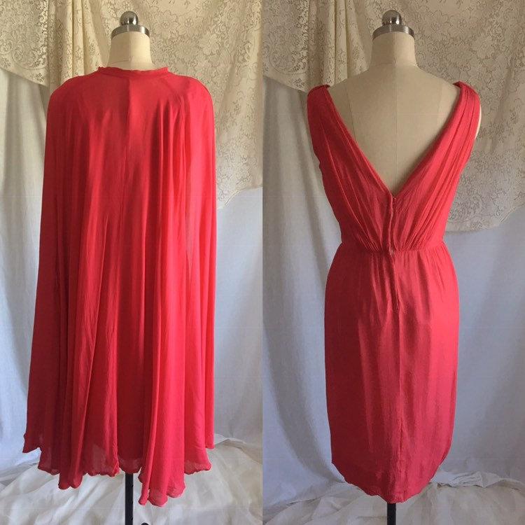 Vintage 1960's Pencil Dress with Cape Set | Scarlet Red & Light Pink Silk Chiffon | Bloomfield's | Size XS - Daggers & Dames