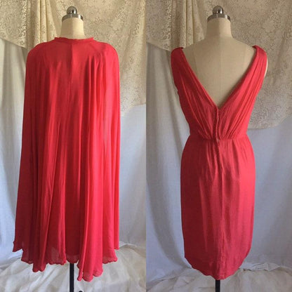Vintage 1960's Pencil Dress with Cape Set | Scarlet Red & Light Pink Silk Chiffon | Bloomfield's | Size XS - Daggers & Dames