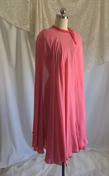Vintage 1960's Pencil Dress with Cape Set | Scarlet Red & Light Pink Silk Chiffon | Bloomfield's | Size XS - Daggers & Dames