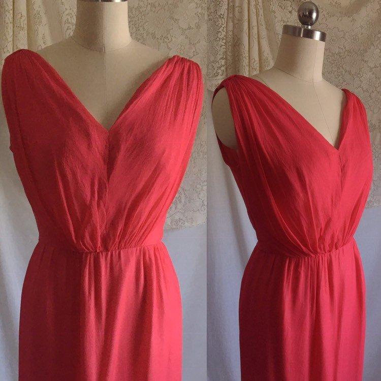 Vintage 1960's Pencil Dress with Cape Set | Scarlet Red & Light Pink Silk Chiffon | Bloomfield's | Size XS - Daggers & Dames