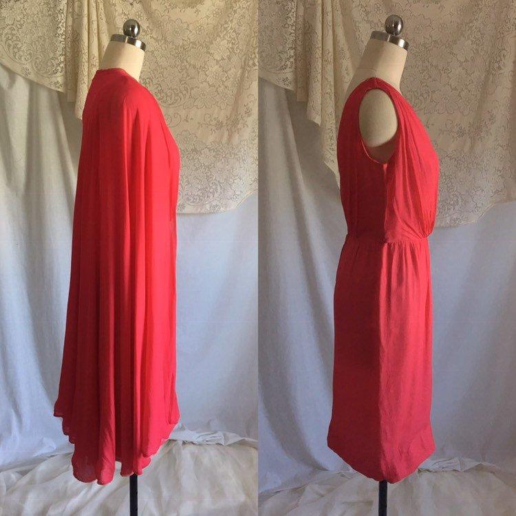 Vintage 1960's Pencil Dress with Cape Set | Scarlet Red & Light Pink Silk Chiffon | Bloomfield's | Size XS - Daggers & Dames