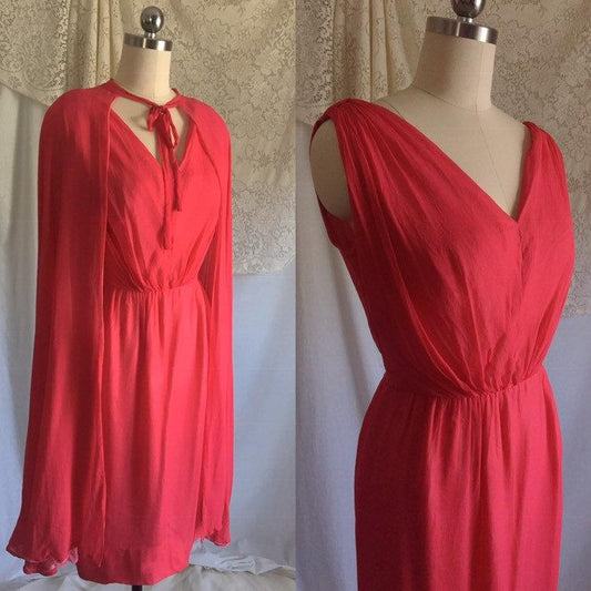 Vintage 1960's Pencil Dress with Cape Set | Scarlet Red & Light Pink Silk Chiffon | Bloomfield's | Size XS - Daggers & Dames