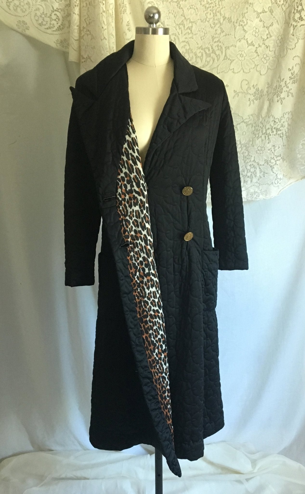 Vintage 1960's Robe | Black Quilted Nylon with Leopard Print Lining & Gold Buttons | Pinup Housecoat | Vanity Fair | Size S, M - Daggers & Dames