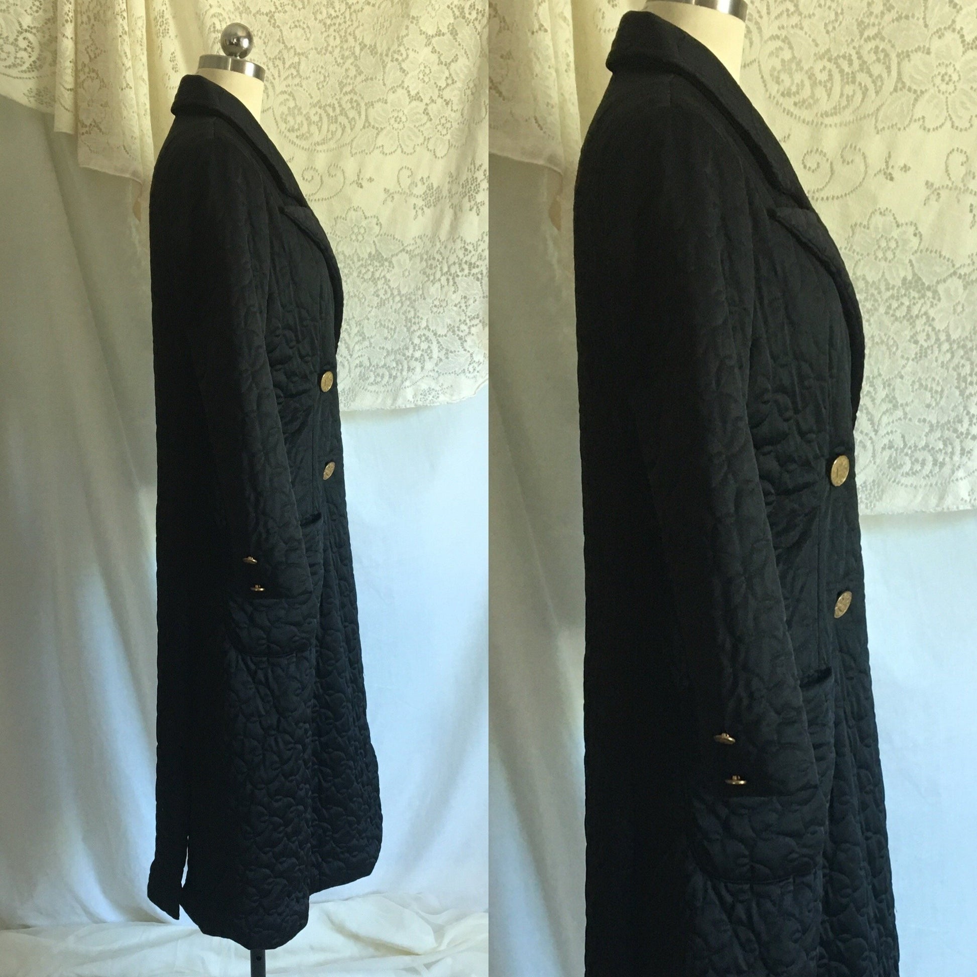 Vintage 1960's Robe | Black Quilted Nylon with Leopard Print Lining & Gold Buttons | Pinup Housecoat | Vanity Fair | Size S, M - Daggers & Dames