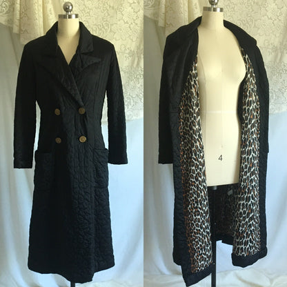 Vintage 1960's Robe | Black Quilted Nylon with Leopard Print Lining & Gold Buttons | Pinup Housecoat | Vanity Fair | Size S, M - Daggers & Dames